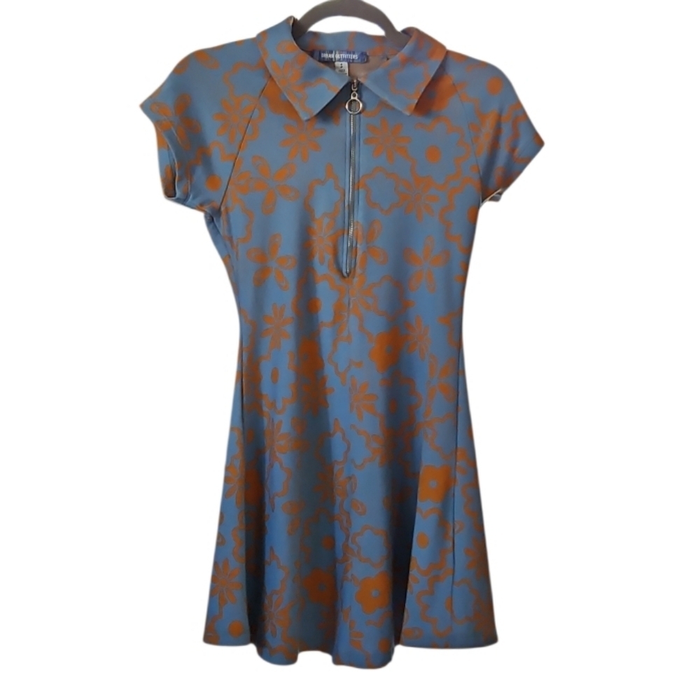 Urban Outfitters Arla Blue Orange Floral Zip Front Collared Mini Dress Size Sm - Picture 2 of 7